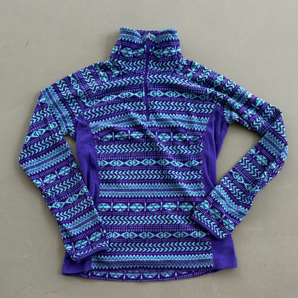 Columbia Women's Patterned Light Blue and Purple Fleece Quarter Zip Top
